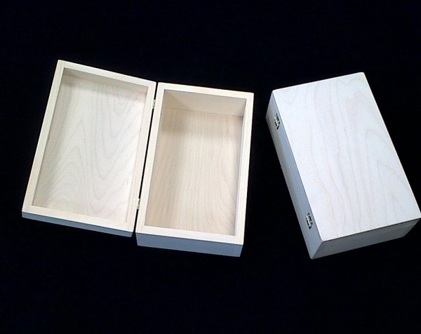 Custom wooden boxes with hinged lids, available in bulk for premium product packaging, retail storage, and corporate branding. One box is shown open, and one is closed.